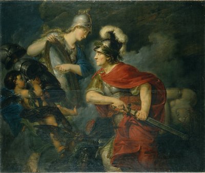 Minerva mostrando su envidia en el escudo pulido de Bernhard Rode